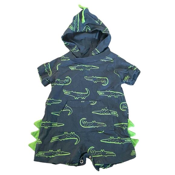 Carter's Size 0-3 Months Baby Boy Blue & Green Alligator Hooded Romper - Picture 1 of 6